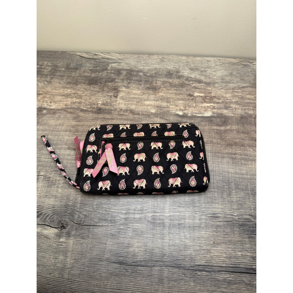 Vera Bradley Elephant Parade Quilted Wristlet Wallet Black Pink Paisley Zip